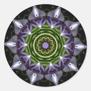 Pegatina Redonda Arte de Mandala de Floral Púrpura en Calidoscopio