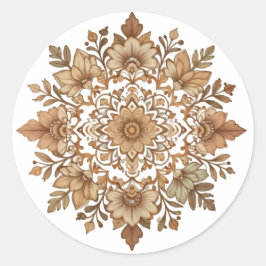 Pegatina Redonda Arte de Mandala Floral Intrincado en Tonos Marrone