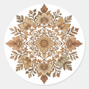 Pegatina Redonda Arte de Mandala Floral Intrincado en Tonos Marrone