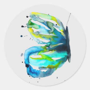 Pegatina Redonda Arte de mariposa acuarela azul