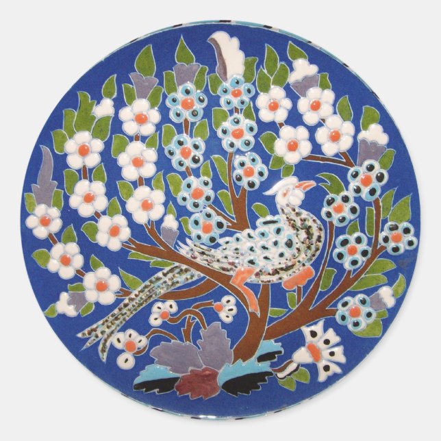 Pegatina Redonda Arte de mosaico de pavo real (Anverso)