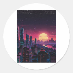 Pegatina Redonda Arte de paisaje urbano ciberpunk Vaporwave – cielo