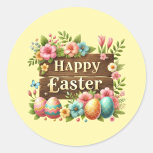Pegatina Redonda Arte de palabras Cute Happy Easter 