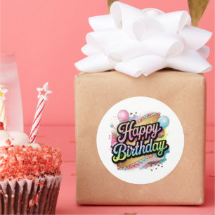 Pegatina Redonda Arte de palabras Feliz Cumpleaños lindo para damas