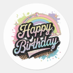 Pegatina Redonda Arte de palabras Feliz Cumpleaños lindo para damas