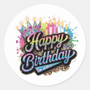 Pegatina Redonda Arte de palabras Feliz Cumpleaños lindo para damas