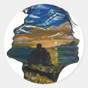 Pegatina Redonda Arte de pareja de puesta de sol romántica - obra d