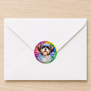 Pegatina Redonda Arte de perro de vidrio teñido de arcoíris Shih Tz
