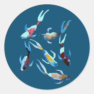 Pegatina Redonda Arte de pescado acuático de Koi