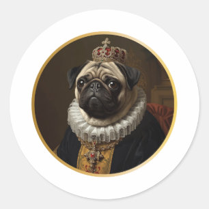 Pegatina Redonda Arte de Pug Beige Inspirado en Retratos de Reinas