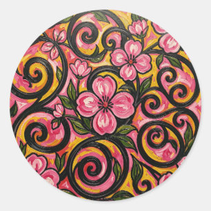 Pegatina Redonda Arte de remolino floral rosa vibrante