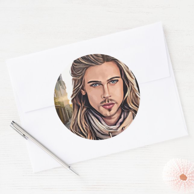 Pegatina Redonda Arte de retrato original de Guy In The Village (Sobre)