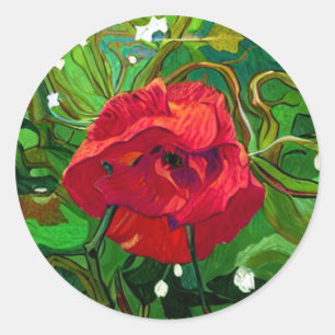 PEGATINA REDONDA ARTE DE ROSA ROJA