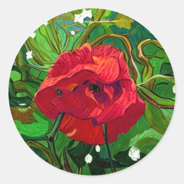 PEGATINA REDONDA ARTE DE ROSA ROJA (Anverso)