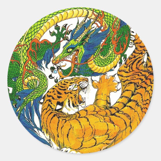Pegatina Redonda Arte de tigre clásico oriental Yin Yang Dragon (Anverso)