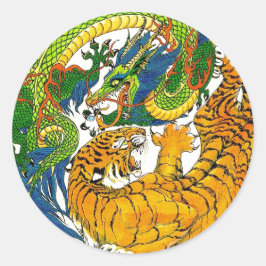 Pegatina Redonda Arte de tigre clásico oriental Yin Yang Dragon