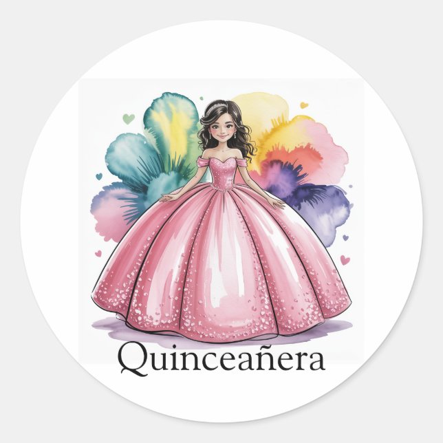 Pegatina Redonda Arte de traje de bola rosa de Quinceañera (Anverso)