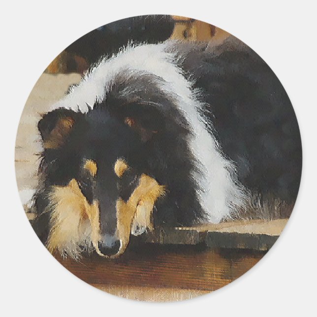 Pegatina Redonda Arte de Tri Color Rough Collie (Anverso)