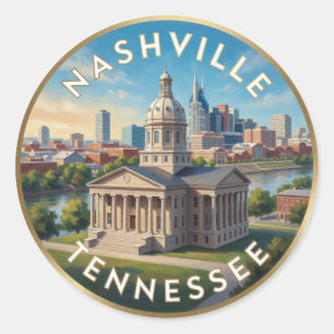 Pegatina Redonda Arte de viaje de la ciudad de la música de Nashvil