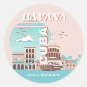 Pegatina Redonda Arte de viaje retro de La Habana Cuba