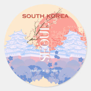 Pegatina Redonda Arte de viajes en Seúl, Corea del Sur, Pastel