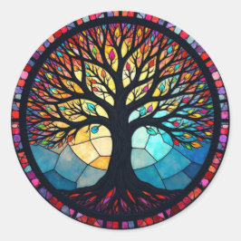 Pegatina Redonda Arte de Vidrio Teñido, Árbol de la Vida en Vidrio 