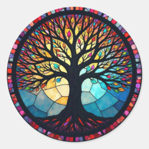 Pegatina Redonda Arte de Vidrio Teñido, Árbol de la Vida en Vidrio