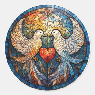 Pegatina Redonda Arte de vidrio teñido elegante de dos palomas