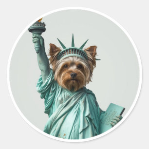 Pegatina Redonda Arte de Yorkshire Terrier inspirado en la Estatua 