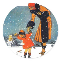 Arte Deco Vintage de Invierno Madre e Hijo en la N