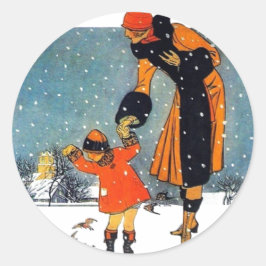 Pegatina Redonda Arte Deco Vintage de Invierno Madre e Hijo en la N