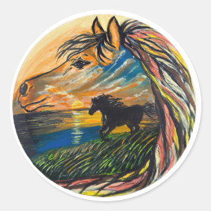 Pegatina Redonda Arte del atardecer de caballo salvaje - Arte hecho