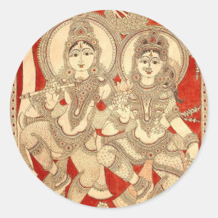 PEGATINA REDONDA ARTE DEL BAILE RADHA KRISHNA KALAMKARI DE LA INDIA