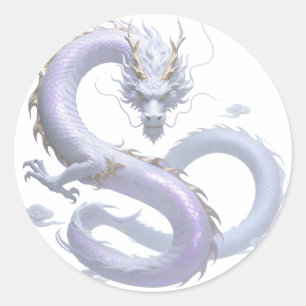 Pegatina Redonda Arte del Dragón Blanco Estética de Fantasía Míti