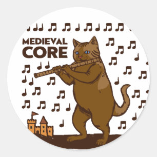 Pegatina Redonda Arte divertido de gato medieval tocando la flauta