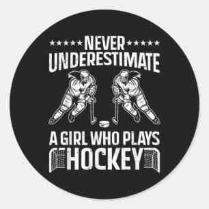 Pegatina Redonda Arte divertido de hockey para chicas mujeres jugad