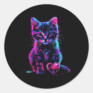 Pegatina Redonda Arte divertido de luz negra con fallas, gato lindo