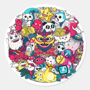 Pegatina Redonda Arte Doodle Japonés