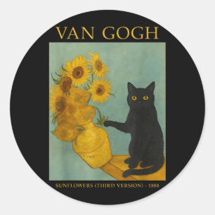 Pegatina Redonda Arte Estrellado Gato Negro Con Flores