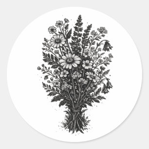 Pegatina Redonda Arte floral botánico linóleo de flores silvestres 