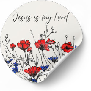 Pegatina Redonda Arte floral cristiano Jesús es mi Señor Amapolas