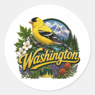 Pegatina Redonda Arte floral de jilguero de Washington
