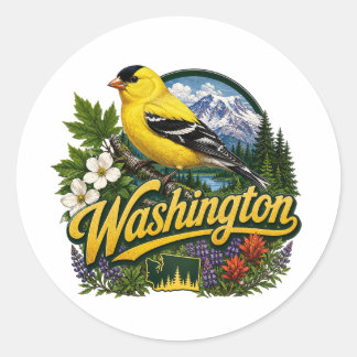 Pegatina Redonda Arte floral de jilguero de Washington