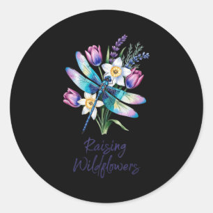 Pegatina Redonda Arte floral de libélula cultivando flores silvestr