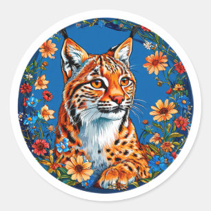 Pegatina Redonda Arte Floral de Lince Salvaje Regalo del Espíritu d