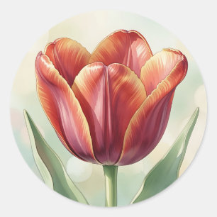 Pegatina Redonda Arte floral de tulipán rojo vibrante
