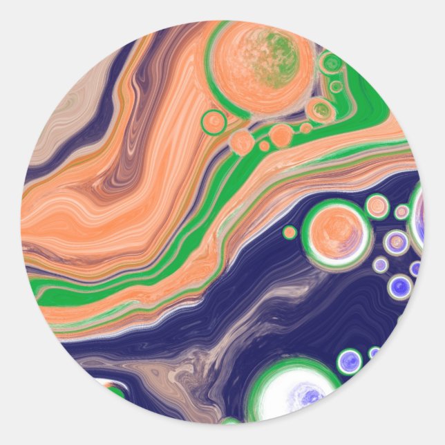 Pegatina Redonda Arte fluido de pintura azul, coral y verde (Anverso)