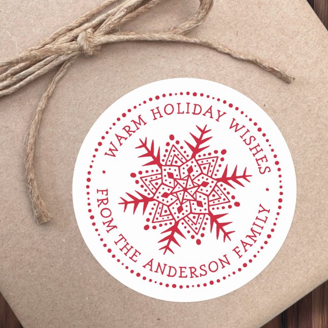 Pegatina Redonda Arte folclórico copo de nieve invierno cálido dese (Folk art snowflake warm winter wishes white red classic round sticker)