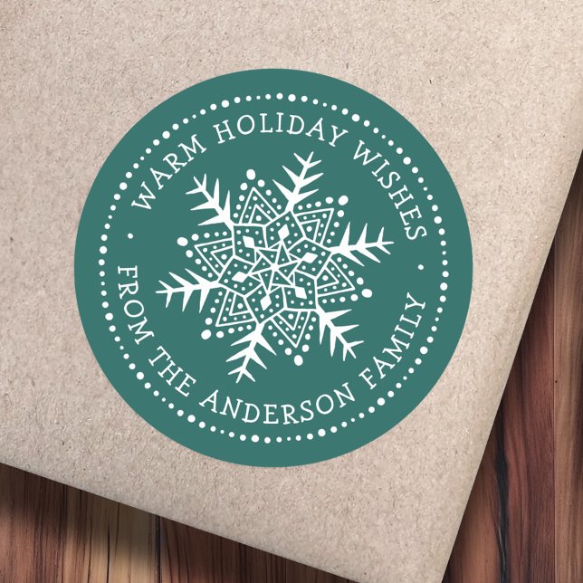 Pegatina Redonda Arte folclórico copo de nieve invierno cálido dese (Folk art snowflake warm winter wishes pine green classic round sticker)