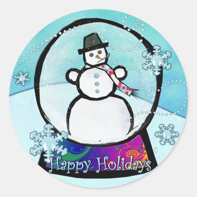 Pegatina Redonda Arte folclórico de glóbulos de nieve de hombre esc (Anverso)